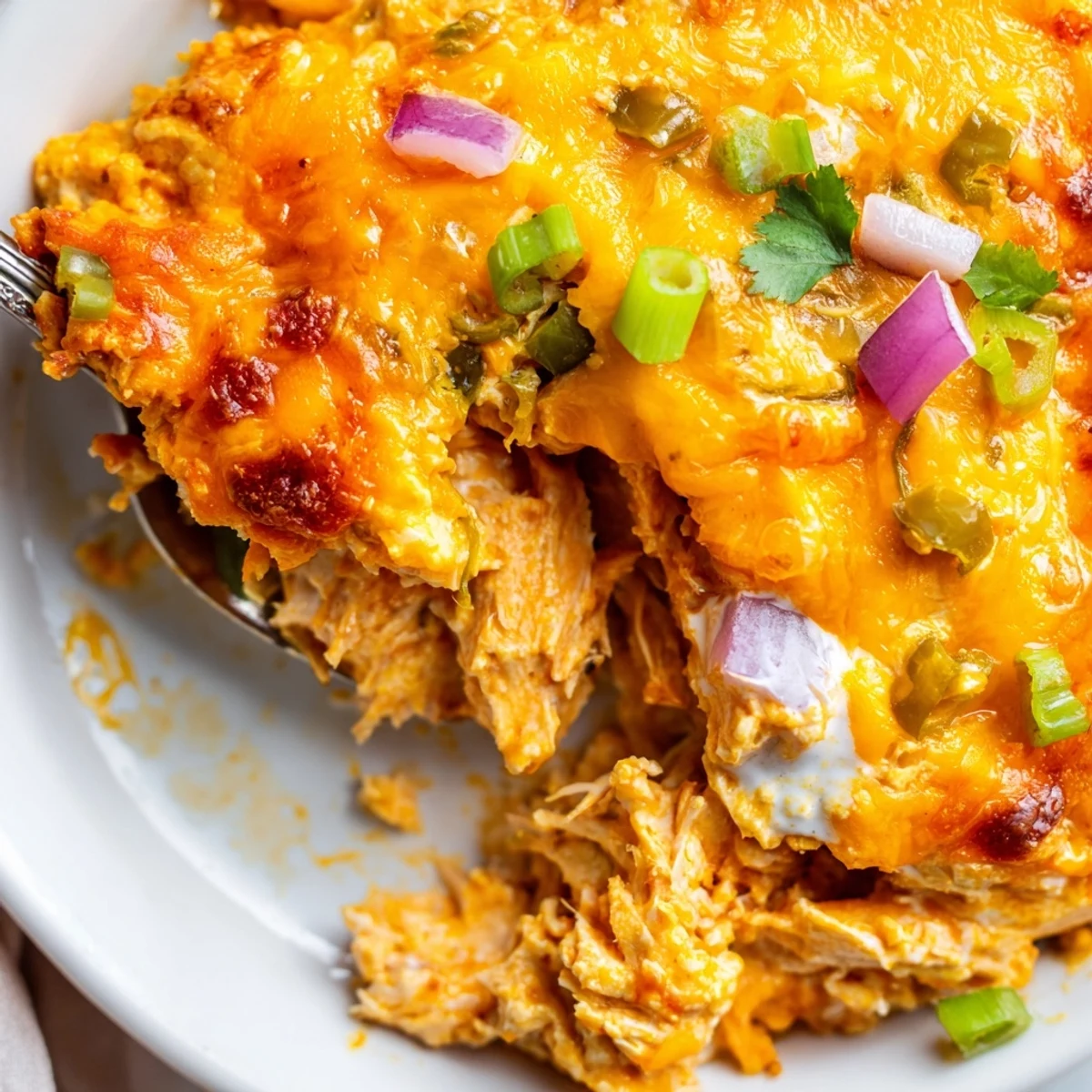 Spicy Jalapeno Buffalo Chicken Casserole garnished with fresh cilantro and green onions