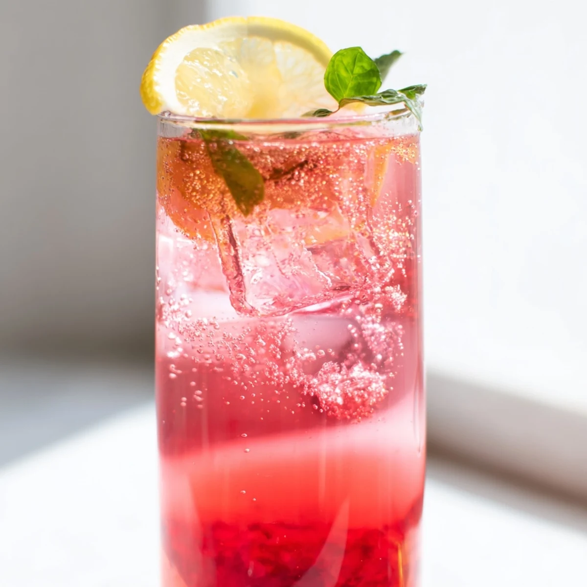 A tall glass of honey lemon pink soda garnished with fresh mint and lemon slices