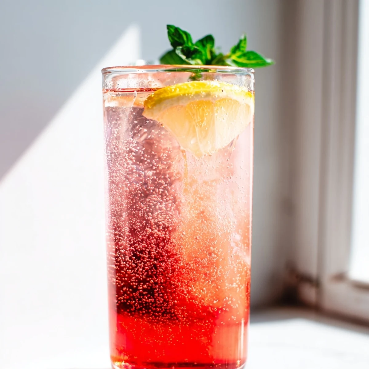 Sparkling honey lemon pink soda poured over ice in a clear summer party glass