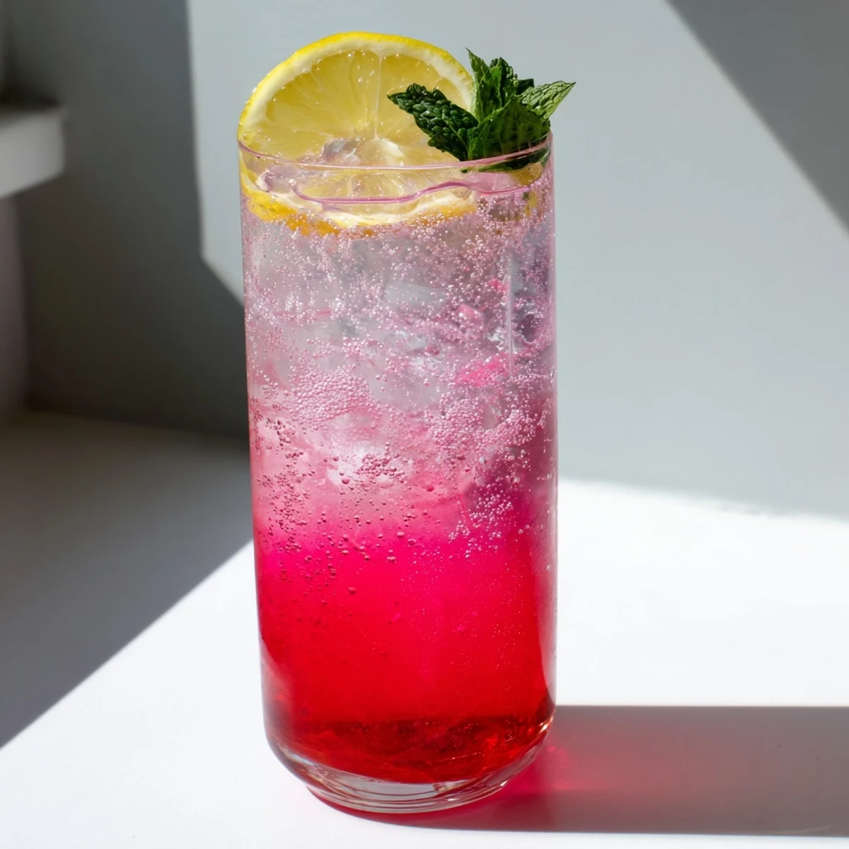 Chilled honey lemon pink soda with raspberry color served in an ice-filled tumbler
