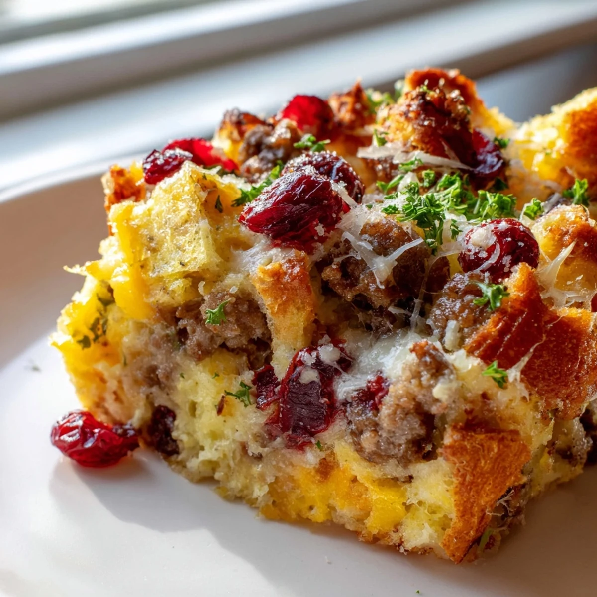 Golden baked Cranberry Sausage Stuffing Breakfast Casserole with bubbly melted cheese on top