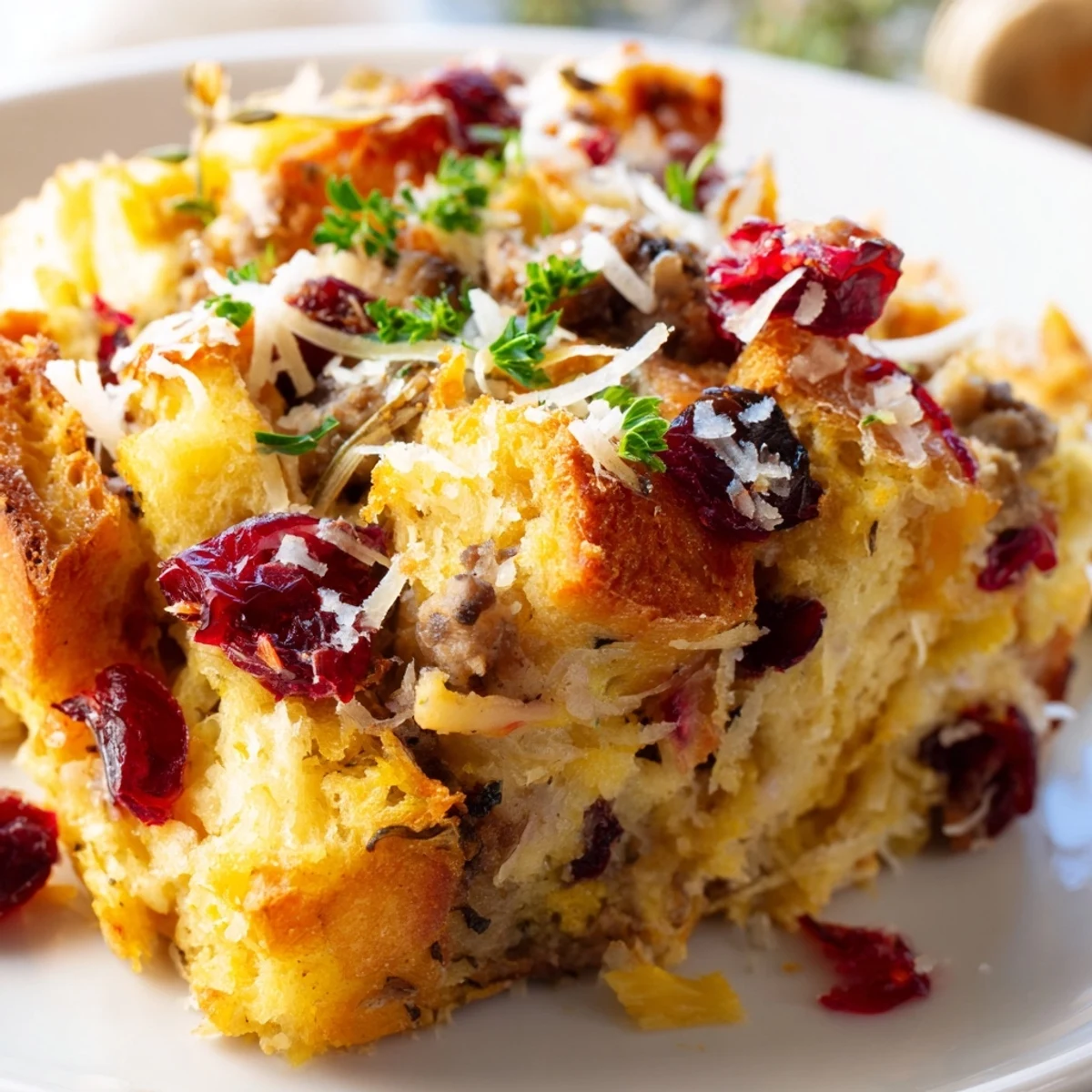 Steaming spoonful of Cranberry Sausage Stuffing Breakfast Casserole served on a white plate