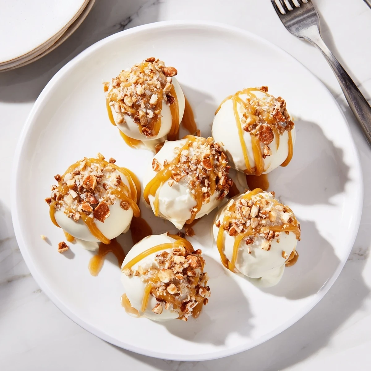 Bite-sized salted caramel pretzel cheesecake balls glistening with white chocolate and sticky caramel drizzle
