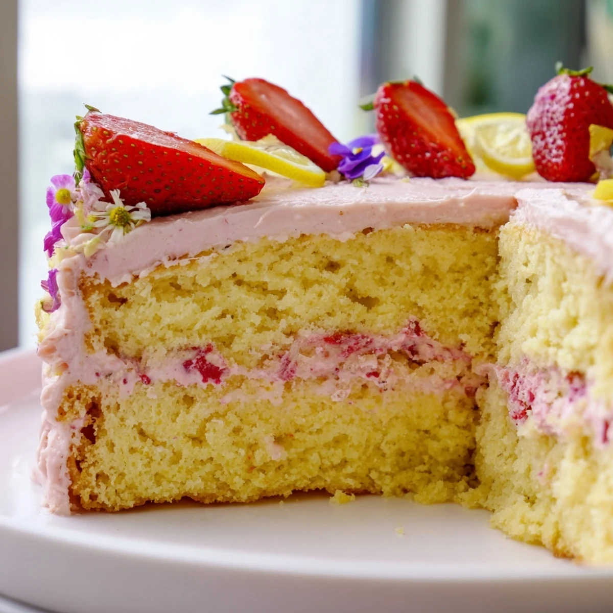 A slice of strawberry lemonade cake topped with pink frosting and fresh berries