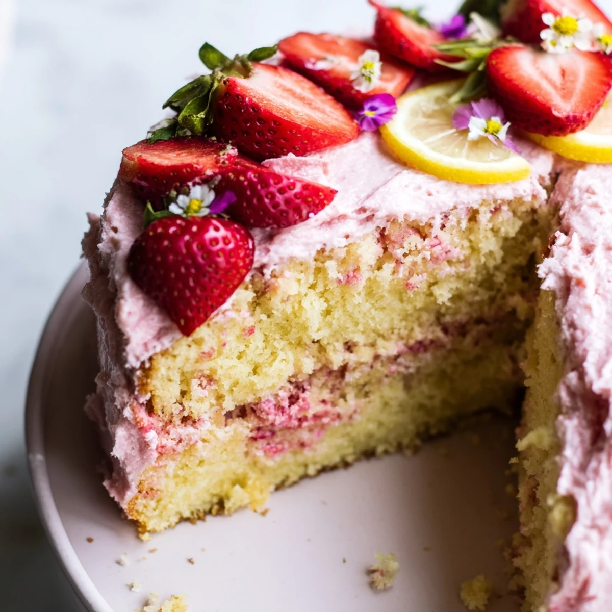 Frosted strawberry lemonade cake on a vintage plate with lemon wheel garnish