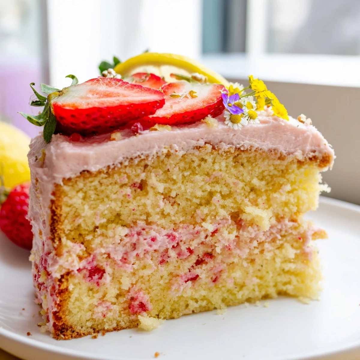 Two layers of moist strawberry lemonade cake filled with creamy fruit frosting