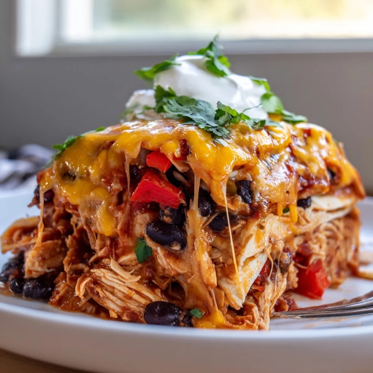 Creamy chicken burrito casserole layered with beans rice and gooey cheese