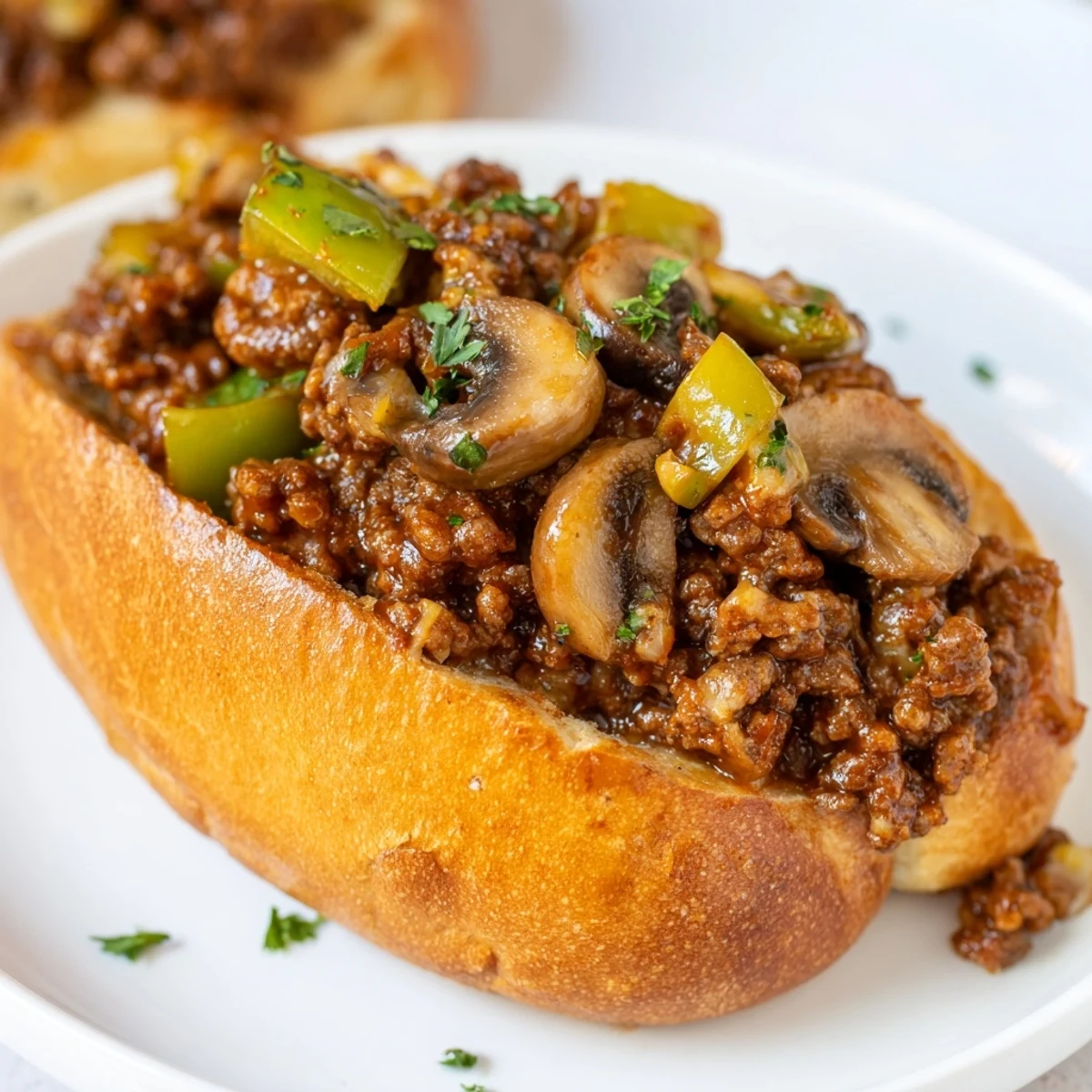 Gooey Cheesy Philly Sloppy Joes with melted provolone on a golden toasted bun
