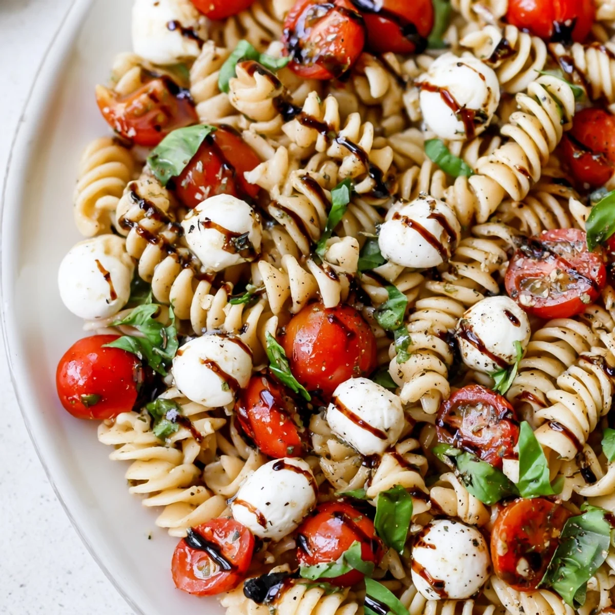 Caprese Pasta Salad with juicy tomatoes, fresh mozzarella, and torn basil in a white bowl