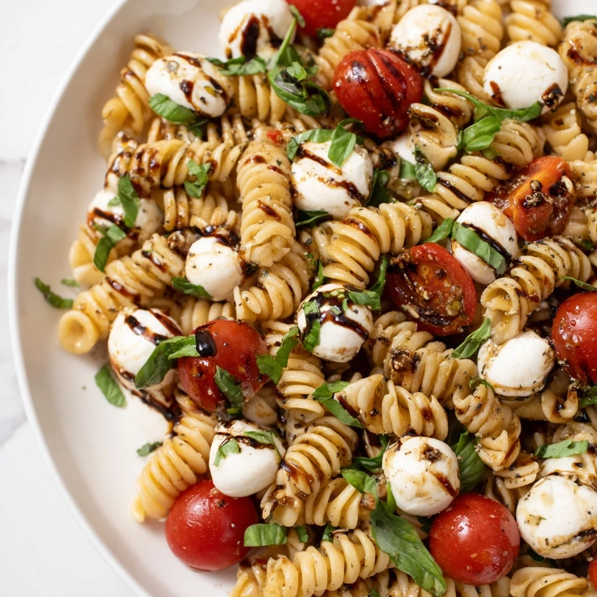 Close-up of Caprese Pasta Salad featuring plump cherry tomatoes, bocconcini, and vibrant green basil