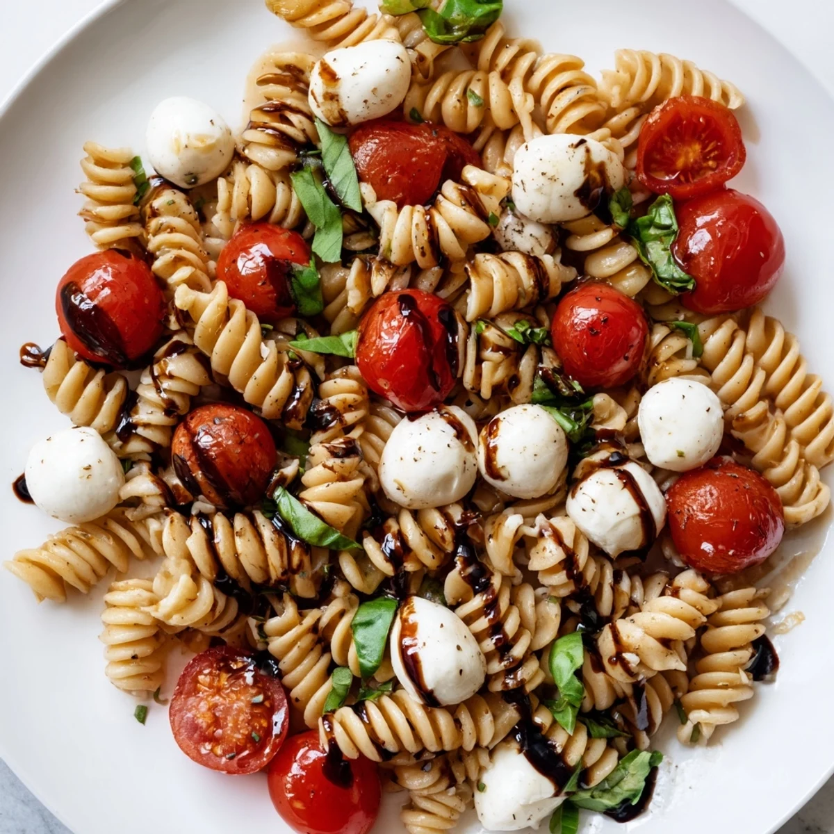 Colorful Caprese Pasta Salad drizzled with balsamic glaze and served on a rustic wooden board
