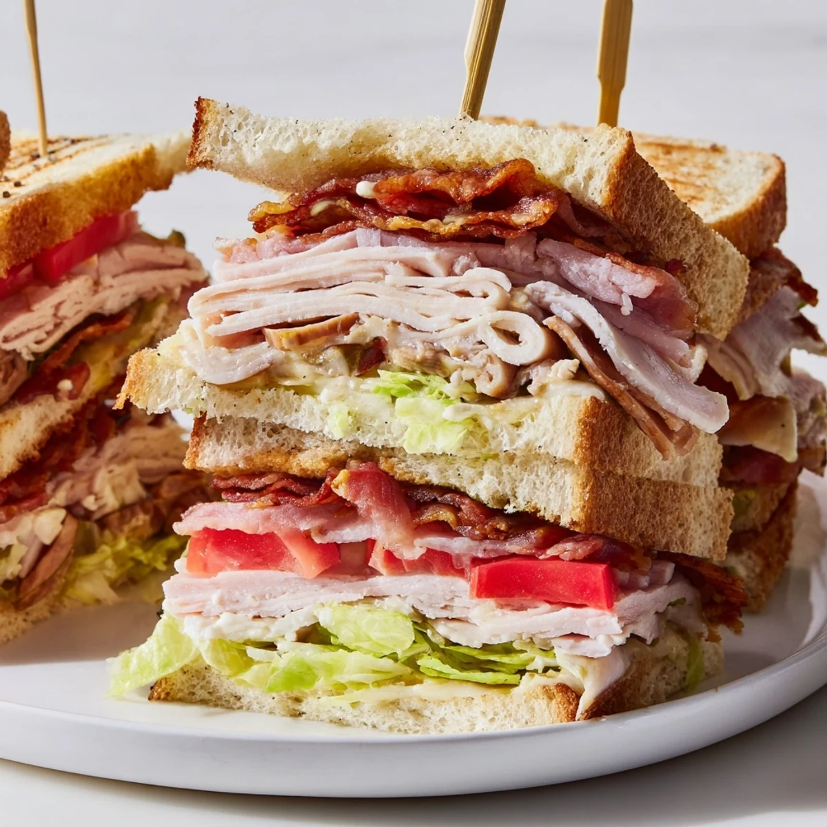 Classic club sandwich stacked with turkey, bacon, lettuce, and tomato on toasted bread