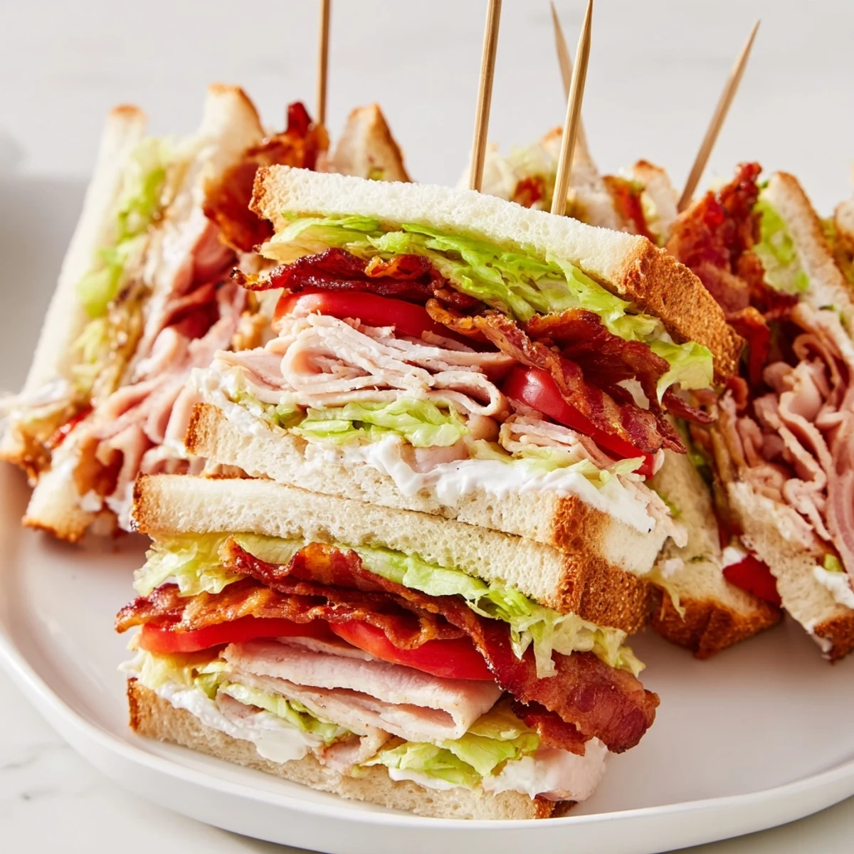 Triple-decker club sandwich featuring crispy bacon, fresh lettuce, and creamy mayonnaise layers