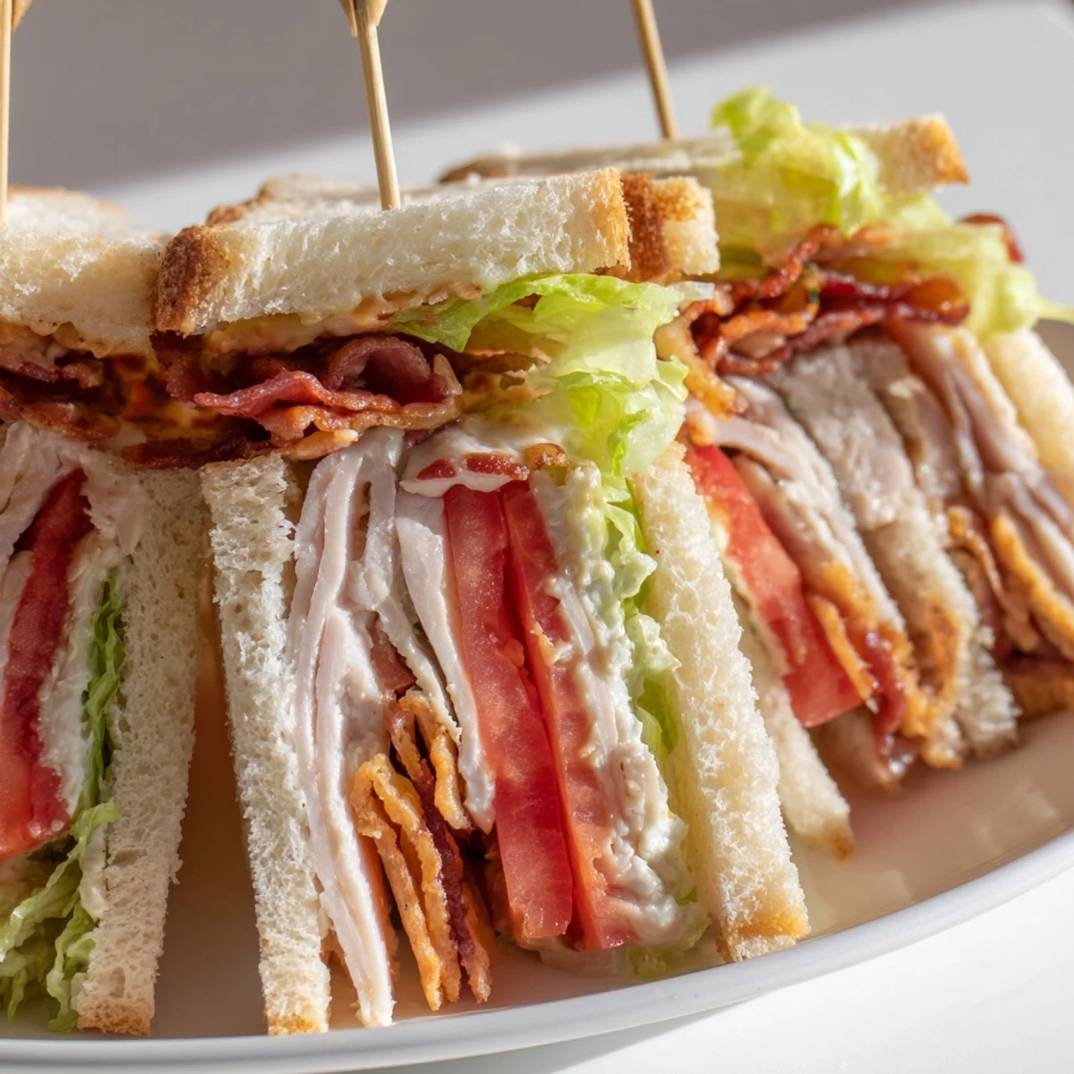 Golden toasted club sandwich cut into quarters with tender meats and ripe tomatoes