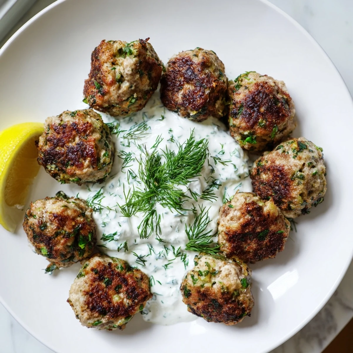 Golden Greek turkey meatballs nestled beside a bowl of cool, creamy tzatziki sauce.