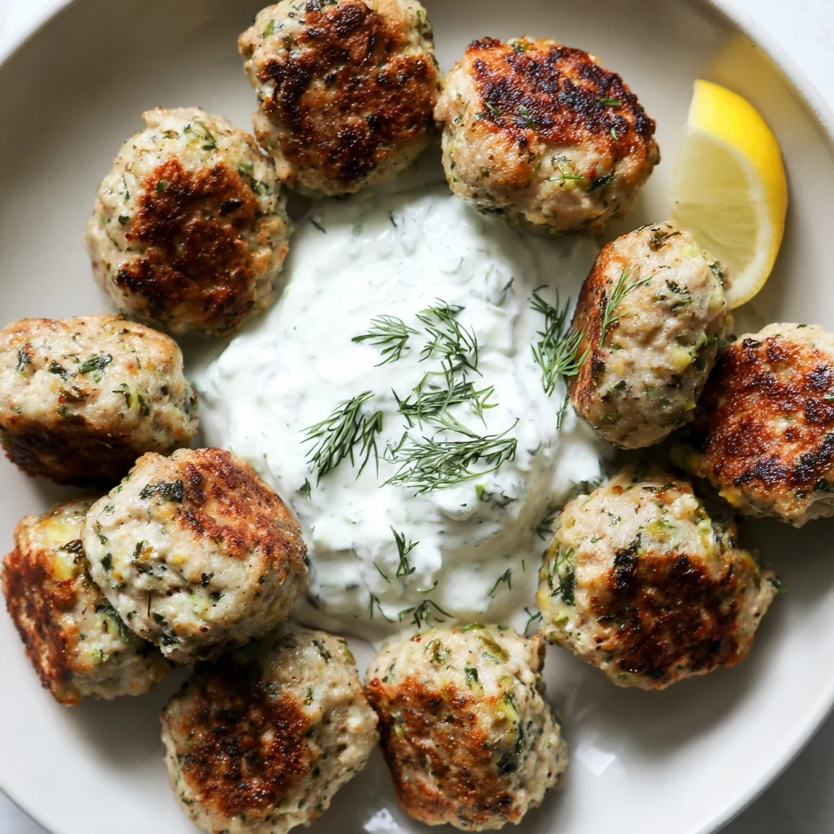 Juicy herb-crusted Greek turkey meatballs drizzled with tzatziki on a rustic white plate.