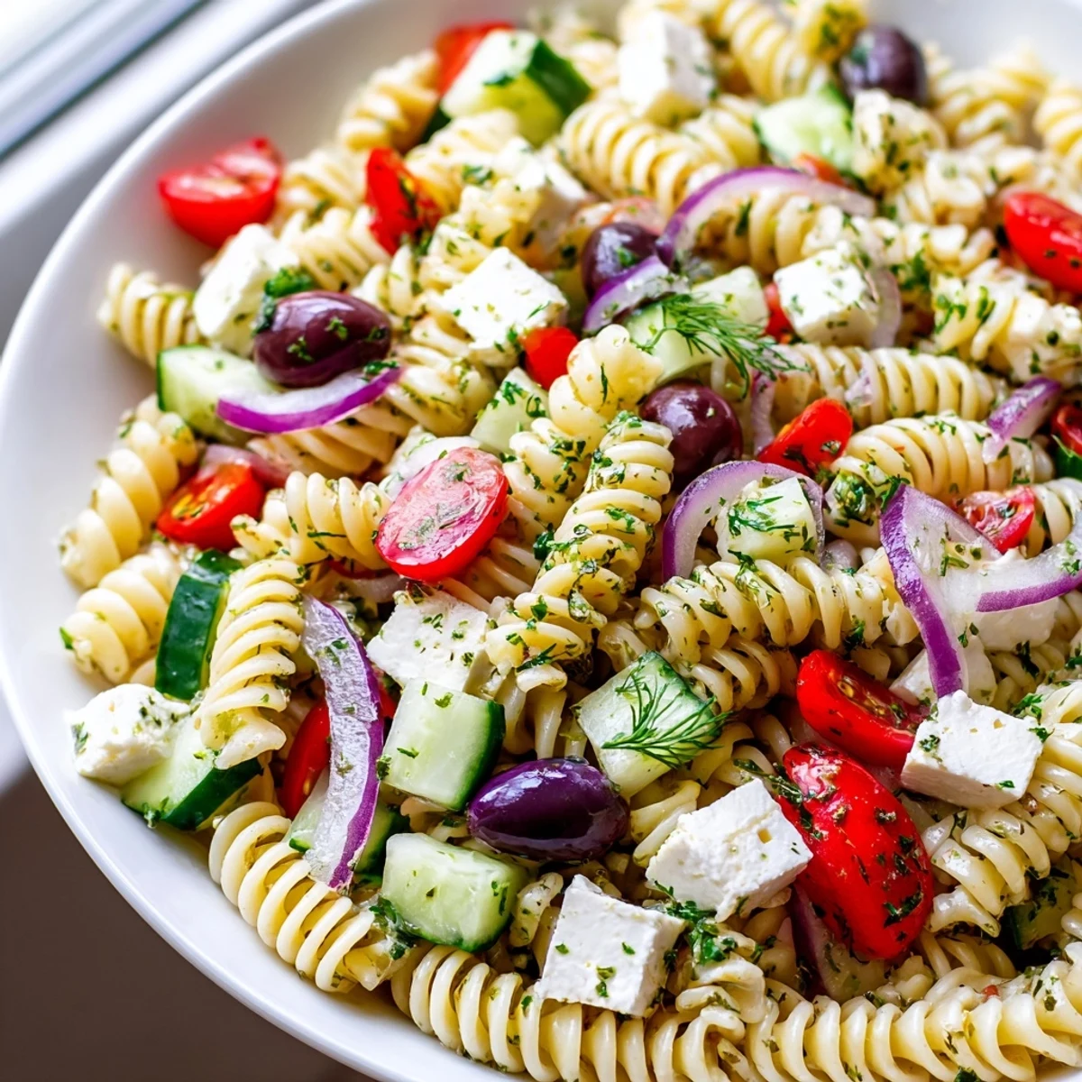 Colorful Greek pasta salad loaded with crunchy veggies, feta, and olives in a bright bowl