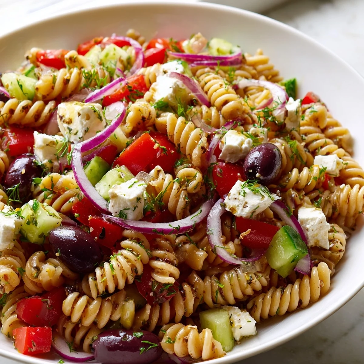 Tangy Greek pasta salad tossed with crisp cucumbers, cherry tomatoes, and crumbled feta cheese