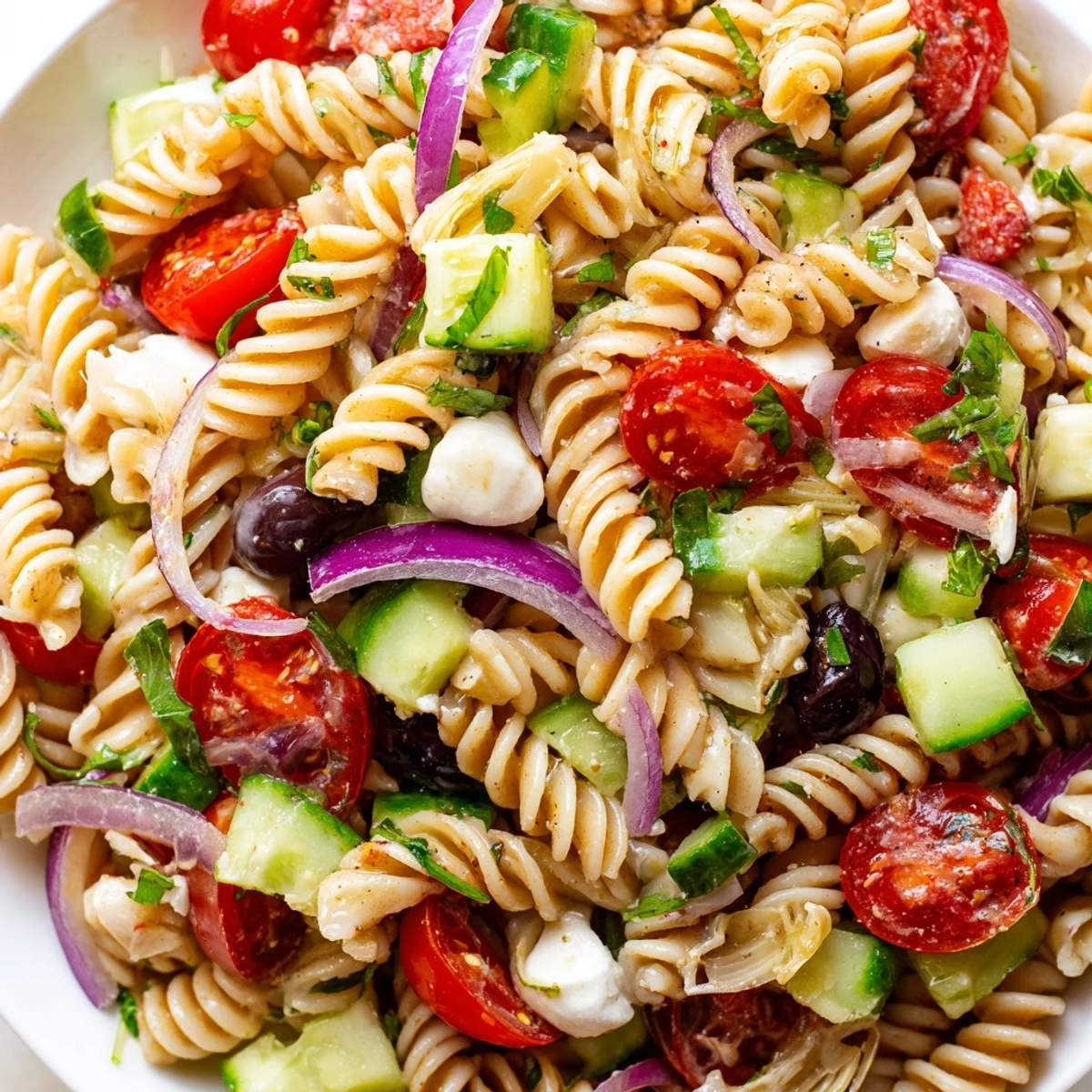 Colorful vegetarian Italian pasta salad loaded with crunchy vegetables and tangy vinaigrette