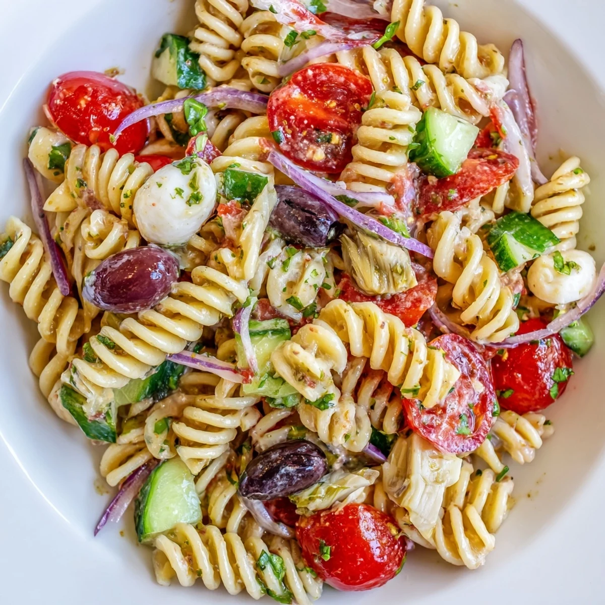 Vegetarian Italian pasta salad tossed with fresh mozzarella herbs and zesty dressing