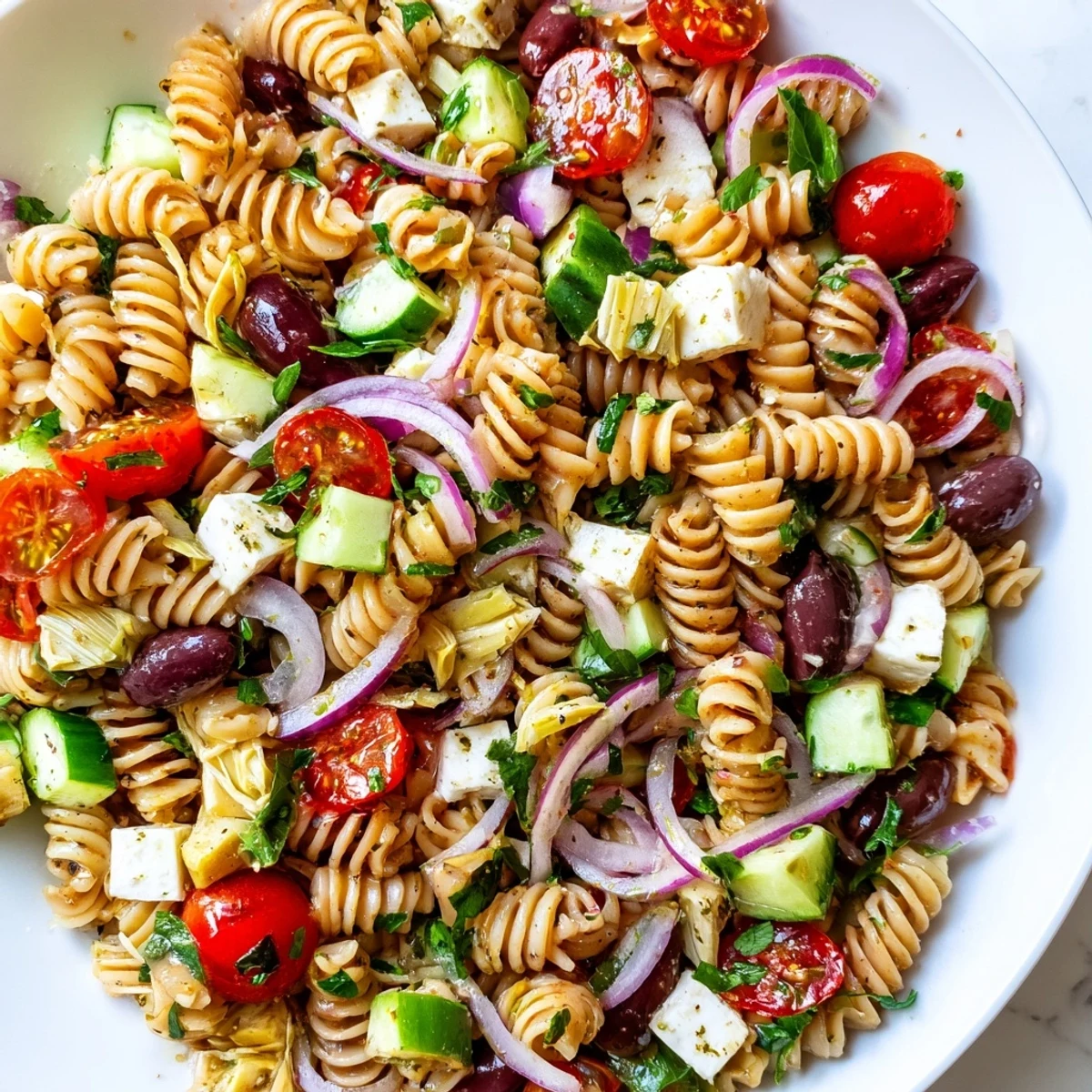 Bright vegetarian Italian pasta salad in a bowl brimming with ripe cherry tomatoes