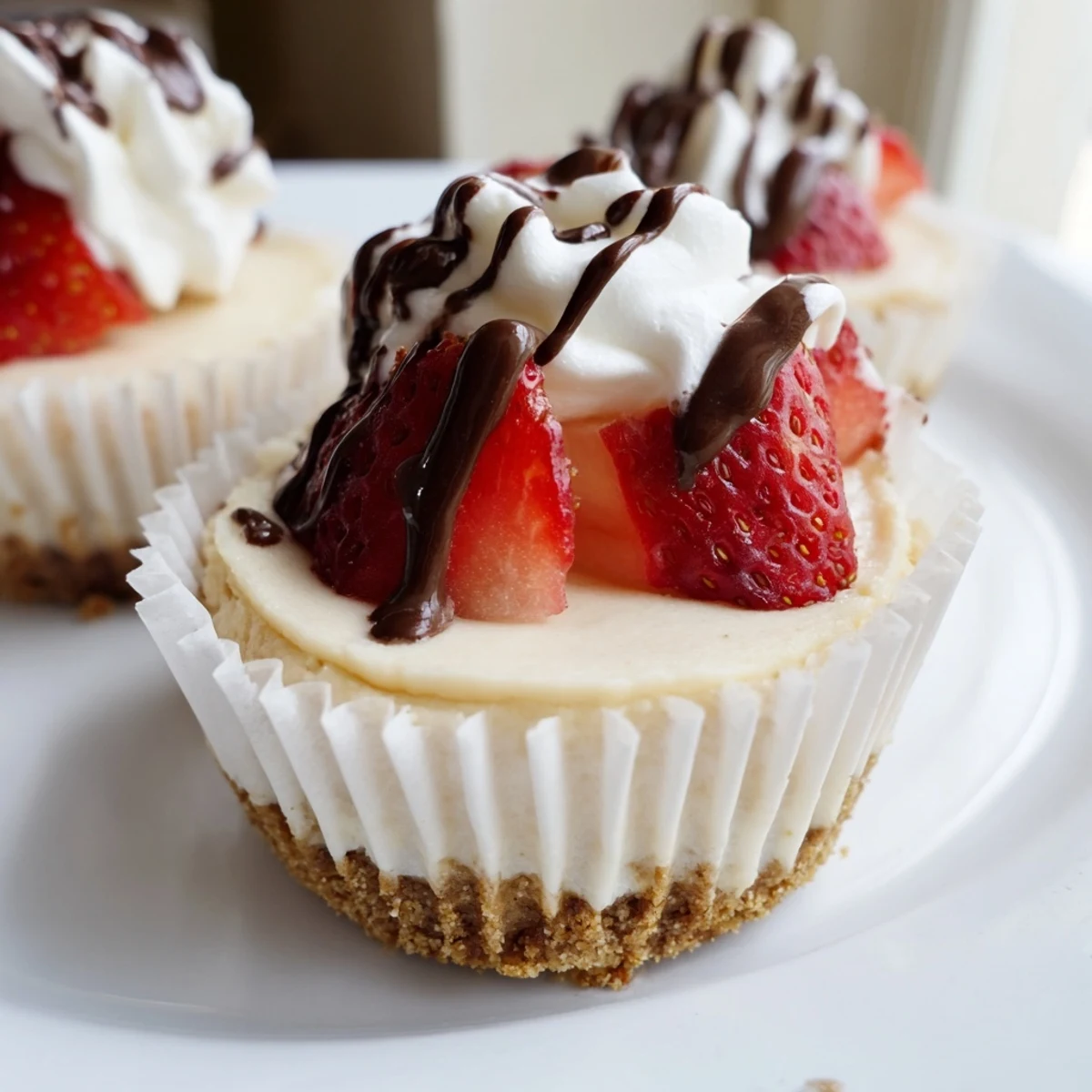 Bite-sized mini cheesecakes garnished with chocolate ganache and colorful berry toppings