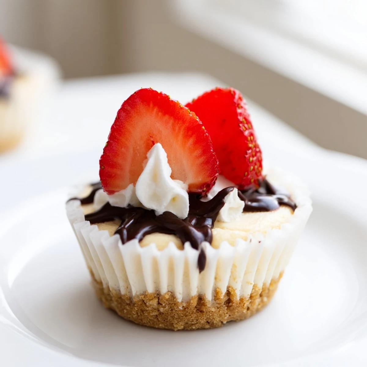 Individual mini cheesecakes drizzled with caramel and crowned with fluffy whipped cream
