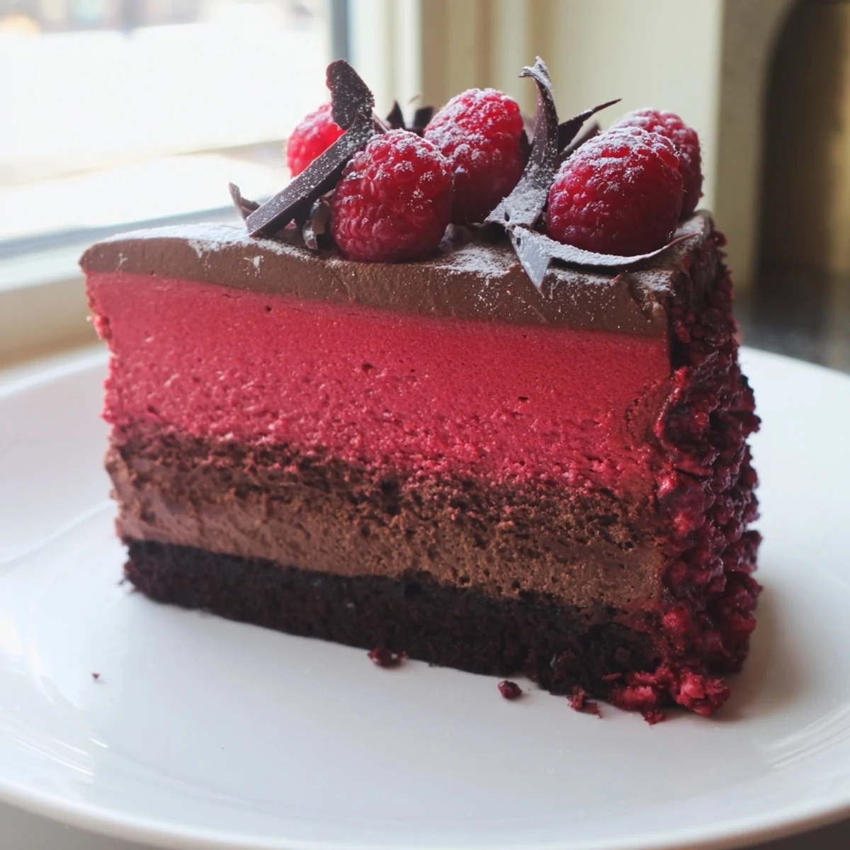 Silky raspberry chocolate mousse cake topped with fresh berries and chocolate curls
