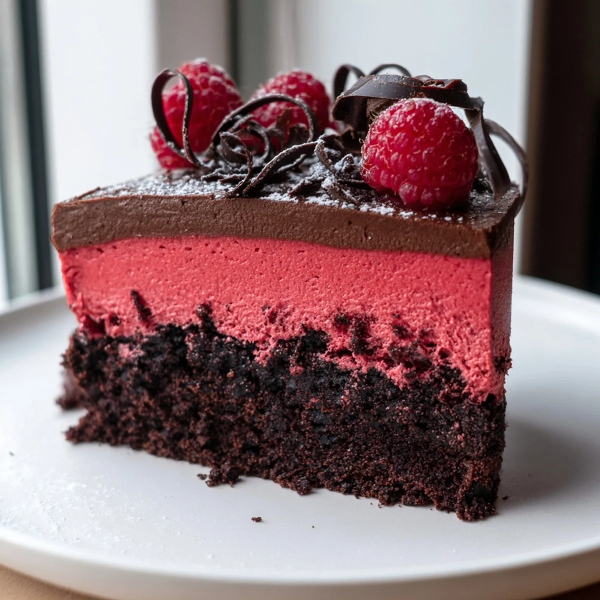 Decadent raspberry chocolate mousse cake slice revealing vibrant ruby fruit and dark ganache layers