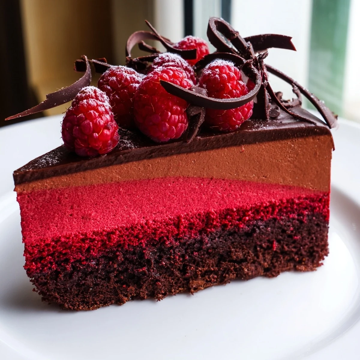 Heavenly raspberry chocolate mousse cake adorned with powdered sugar and glossy ripe raspberries