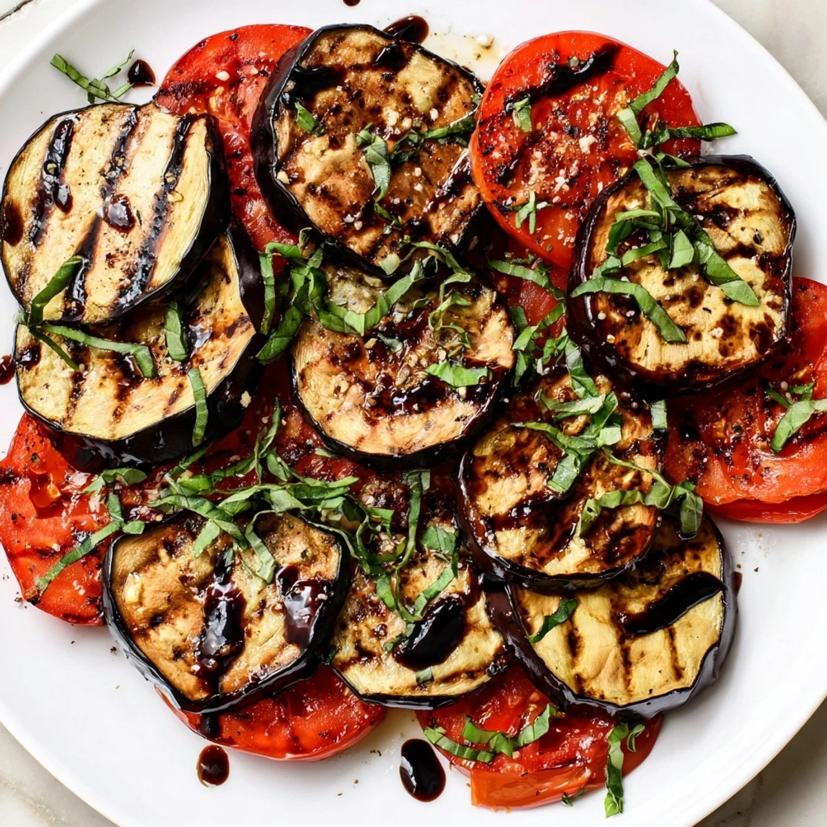 Smoky grilled tomato eggplant layered on a platter with fresh basil leaves