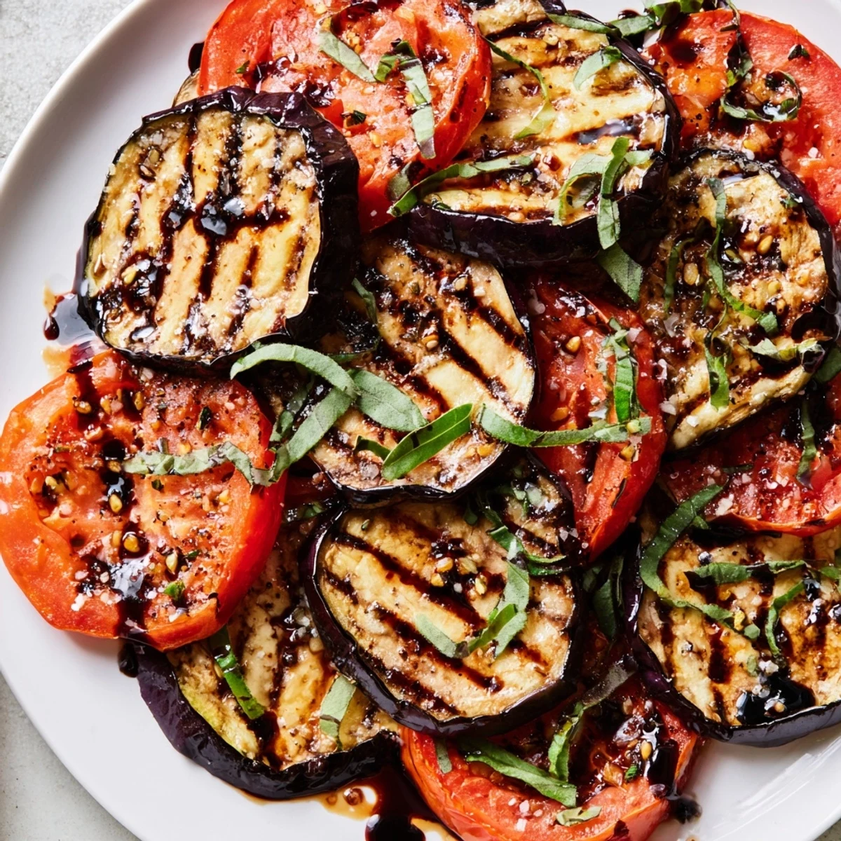 Grilled tomato eggplant with charred edges drizzled in balsamic glaze served warm