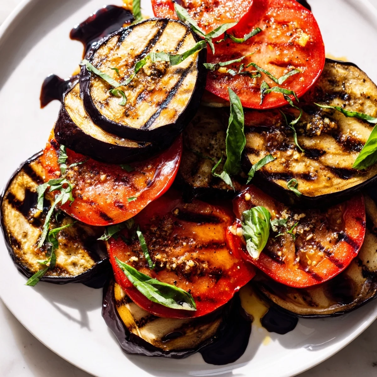 Tender grilled tomato eggplant stacked with juicy tomato rounds on a rustic dish