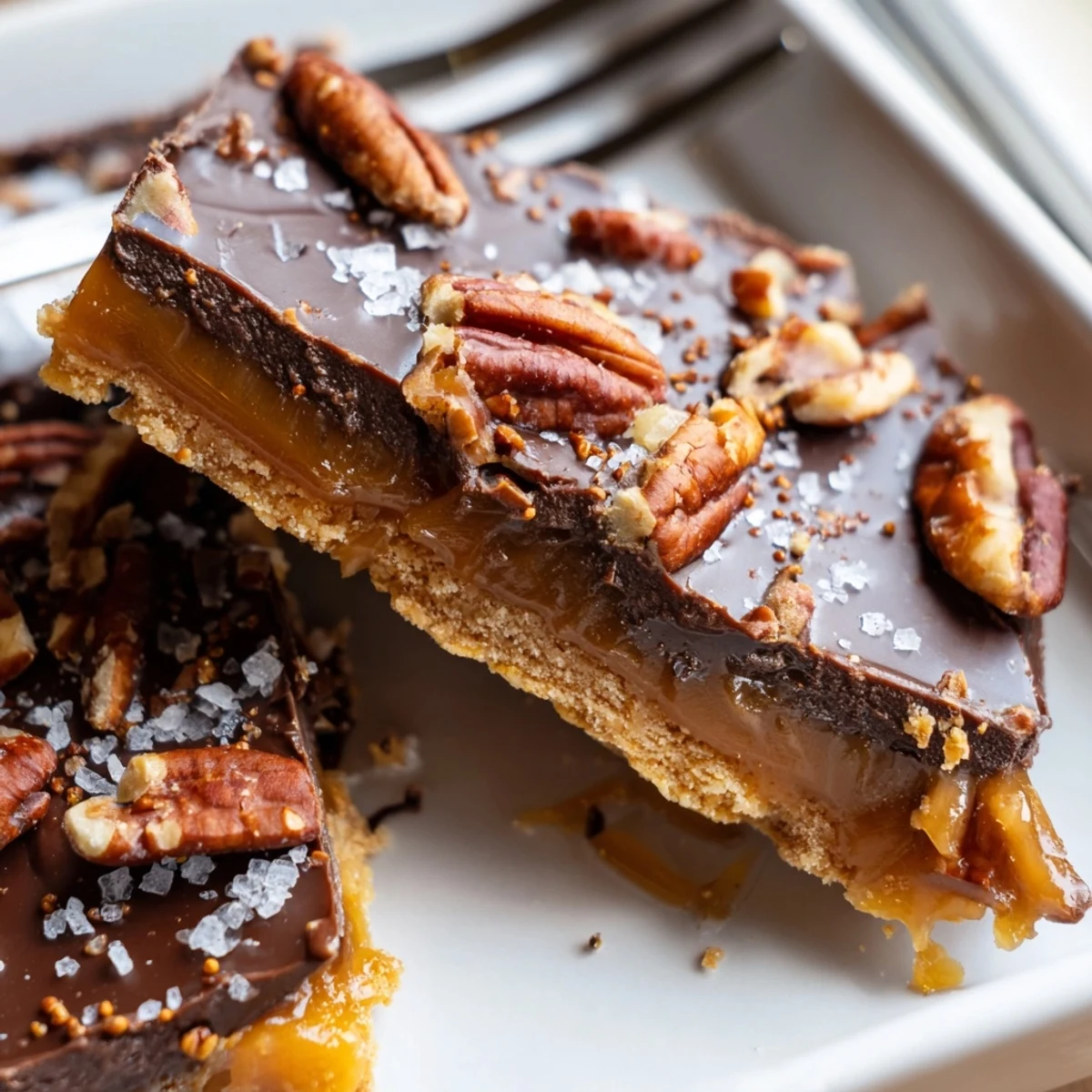Golden pecan pie bark with gooey caramel and melted chocolate on a baking sheet