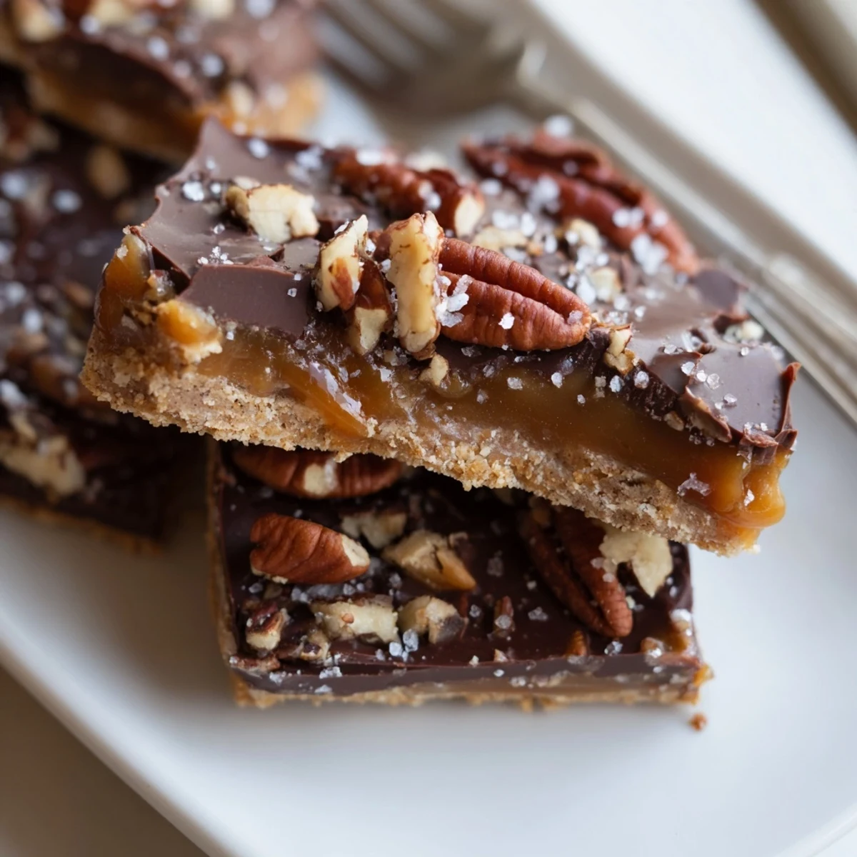 Crunchy pecan pie bark broken into rustic pieces drizzled with rich semi-sweet chocolate