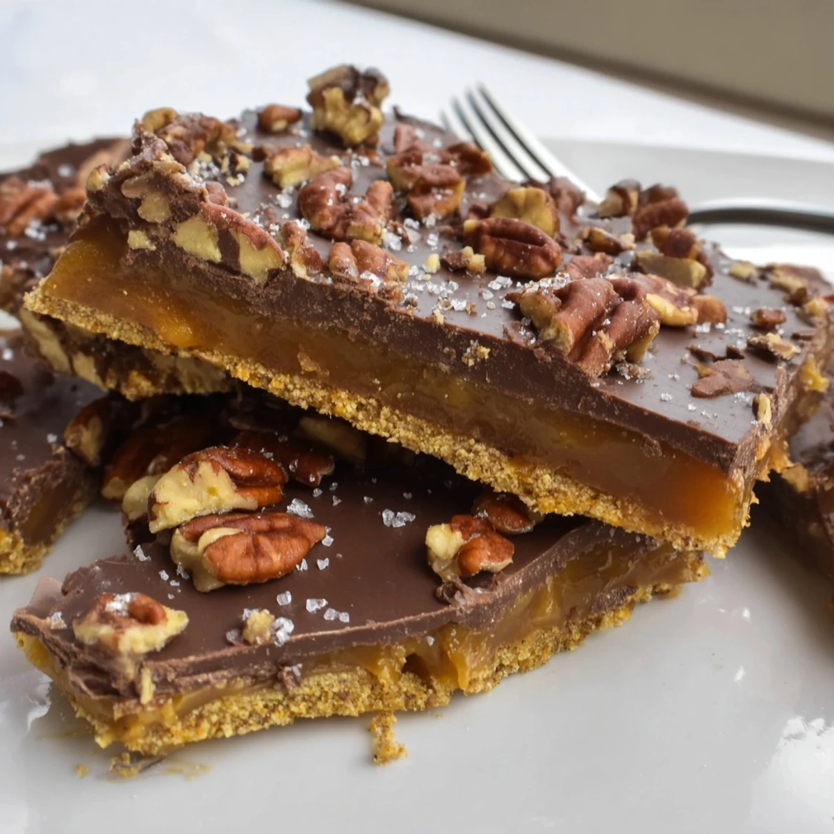 Buttery pecan pie bark topped with toasted nuts and a glossy caramel chocolate glaze