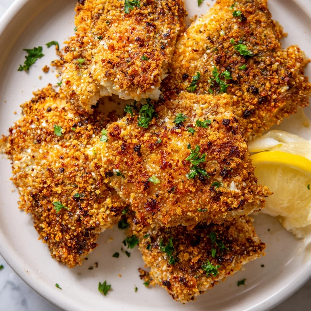 Juicy Paprika Parmesan Chicken garnished with fresh parsley and bright lemon wedges for serving