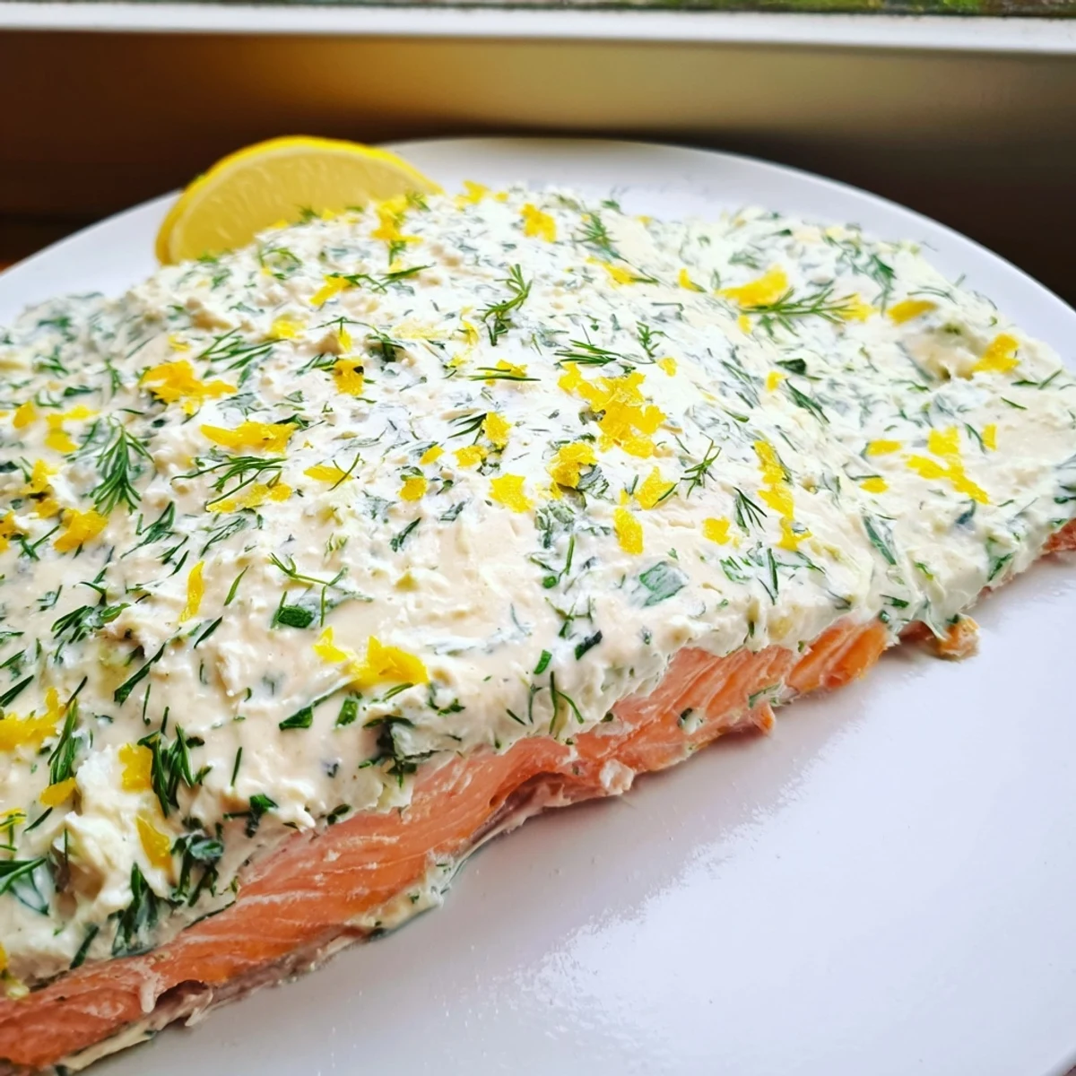 Golden Boursin salmon fillets with creamy herb topping fresh from the oven