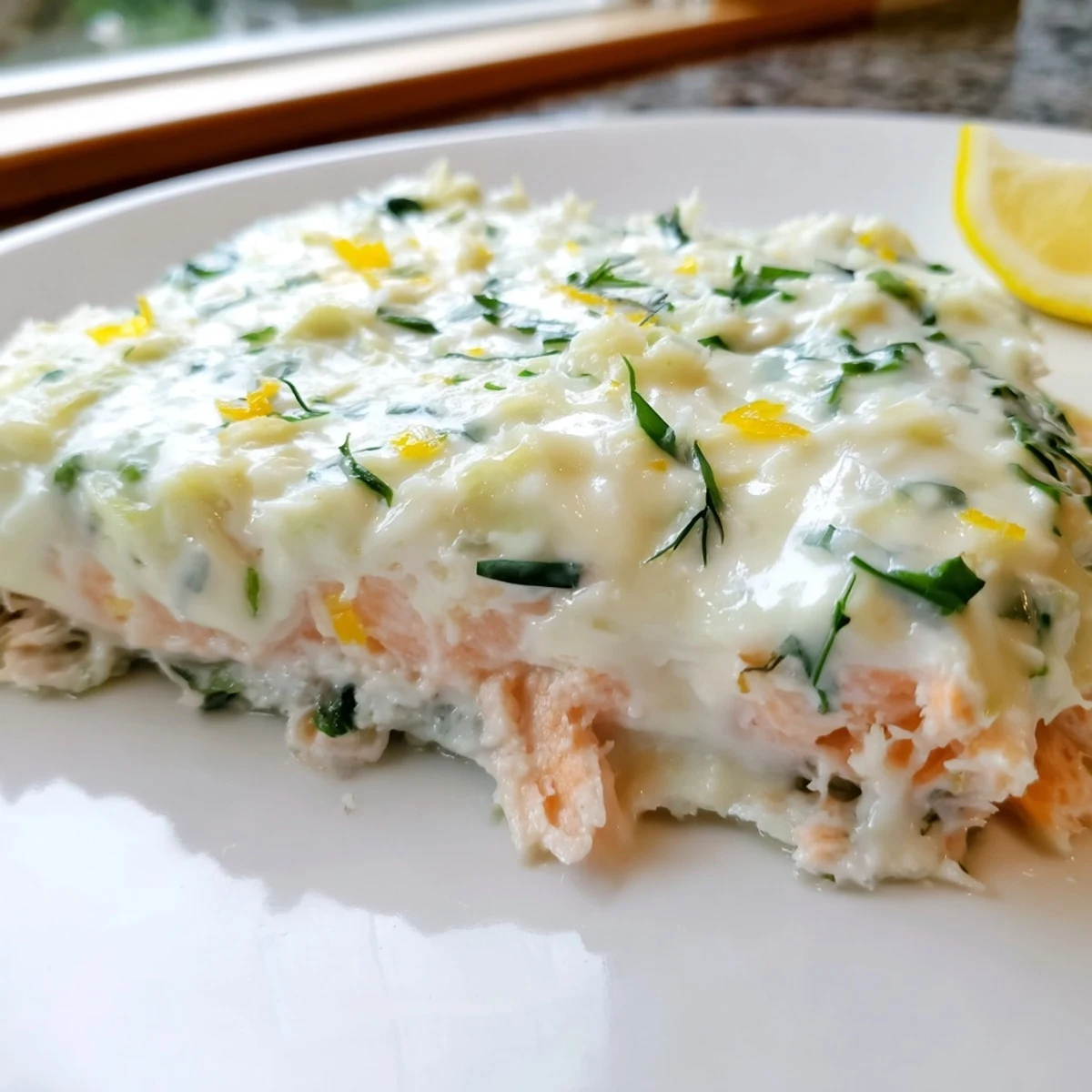 Creamy Boursin cheese melts over baked salmon fillets garnished with fresh lemon wedges