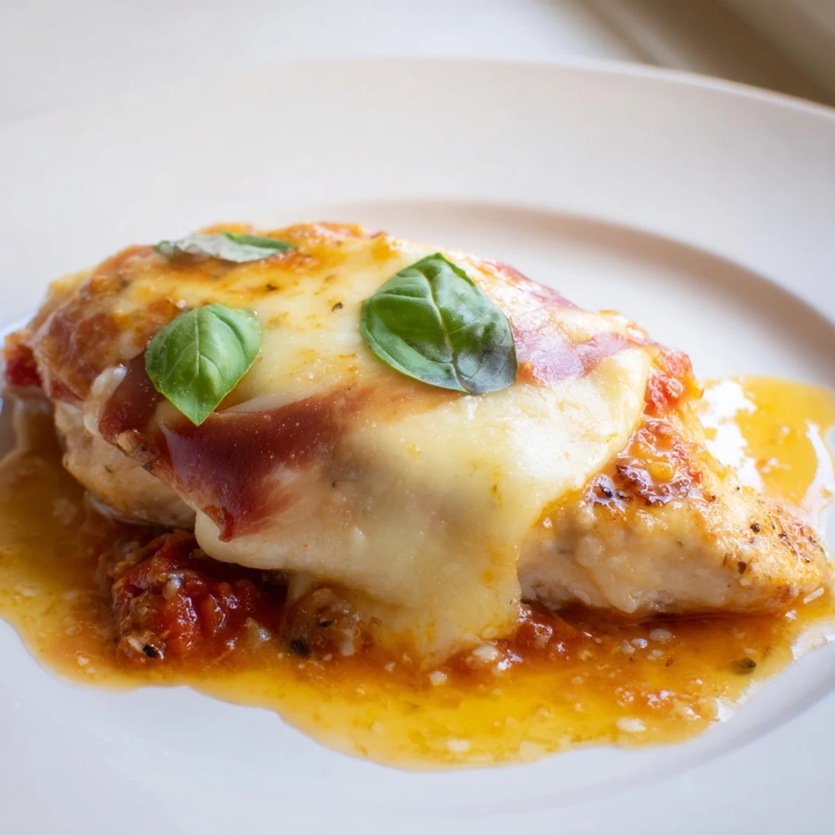 Golden Chicken Valdostana topped with melted Fontina and crispy prosciutto in rich tomato sauce