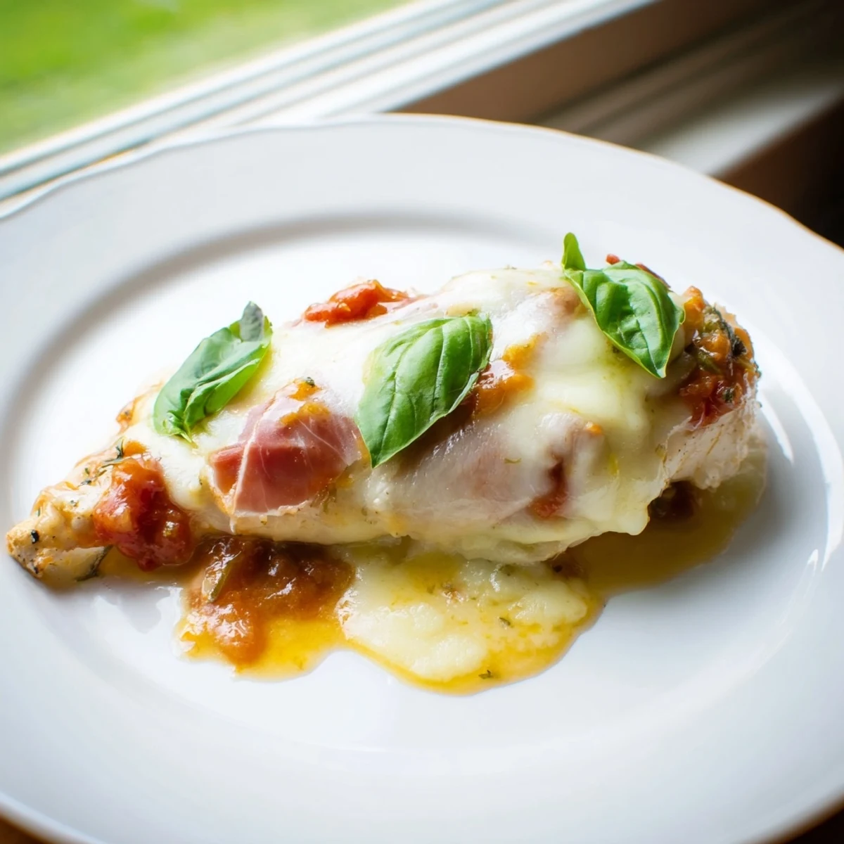 Tender Chicken Valdostana layered with savory prosciutto and bubbling cheese over garlicky white wine sauce