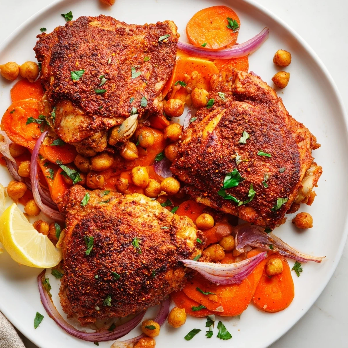 Golden sumac chicken with carrots and chickpeas roasted on a sheet pan
