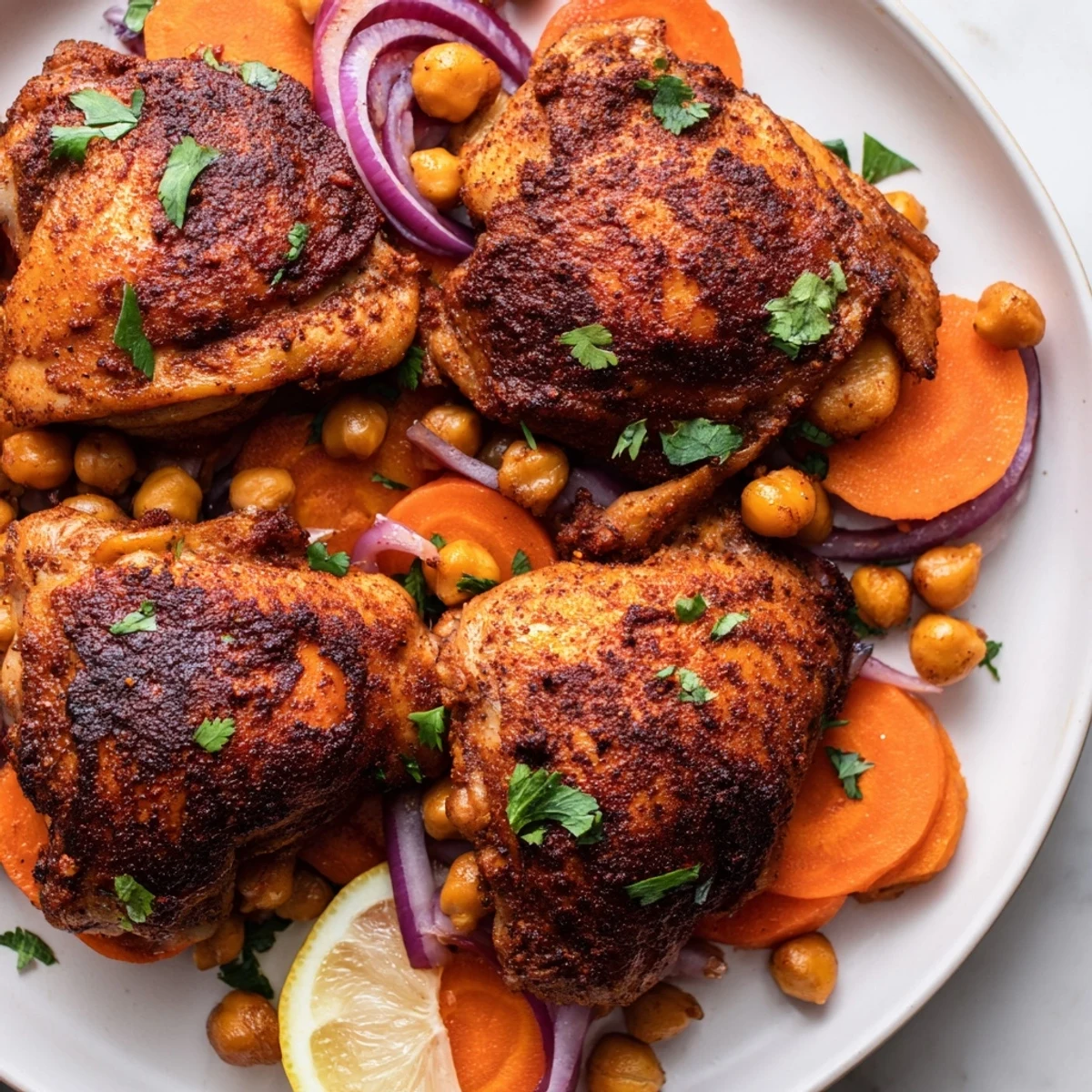 Tender sumac chicken served over roasted carrots and crispy chickpeas with parsley