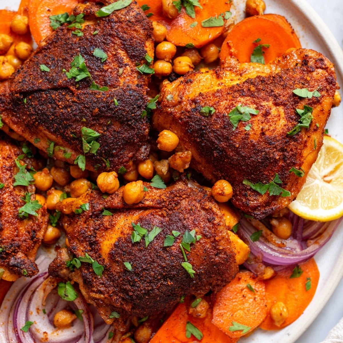 Juicy sumac chicken with carrots and chickpeas garnished with fresh lemon wedges