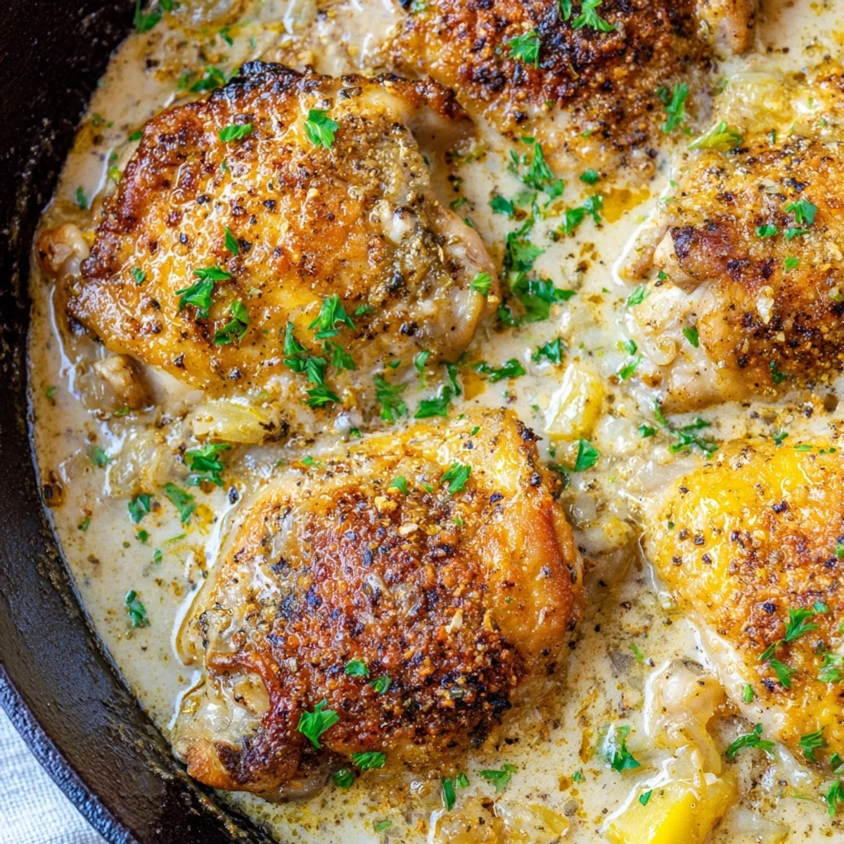 Creamy oven baked chicken thighs glistening with golden parmesan herb sauce