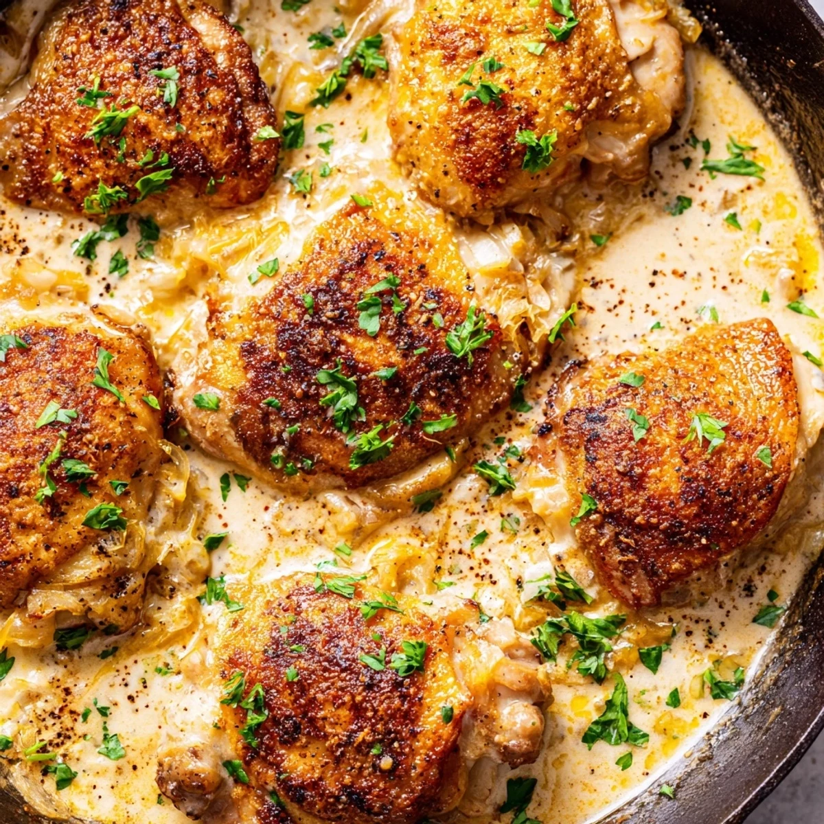 Juicy creamy oven baked chicken thighs nestled in a bubbling garlic cream sauce