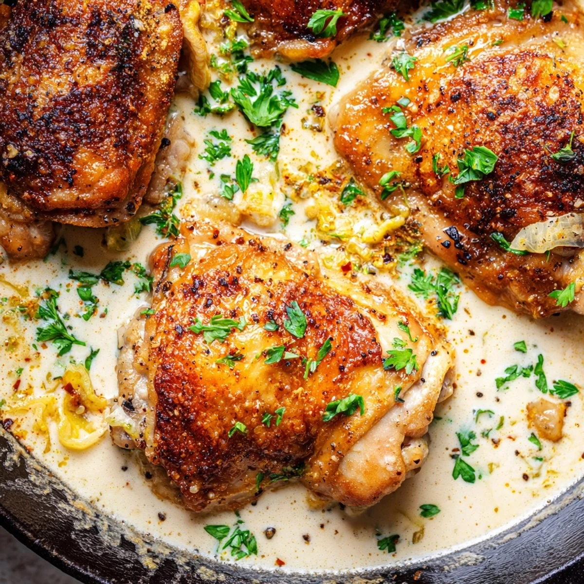 Creamy oven baked chicken thighs topped with fresh parsley in a rich skillet sauce