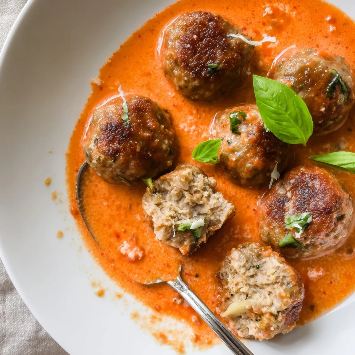 Golden brown creamy tomato basil meatballs swimming in a vibrant, herb-flecked red sauce