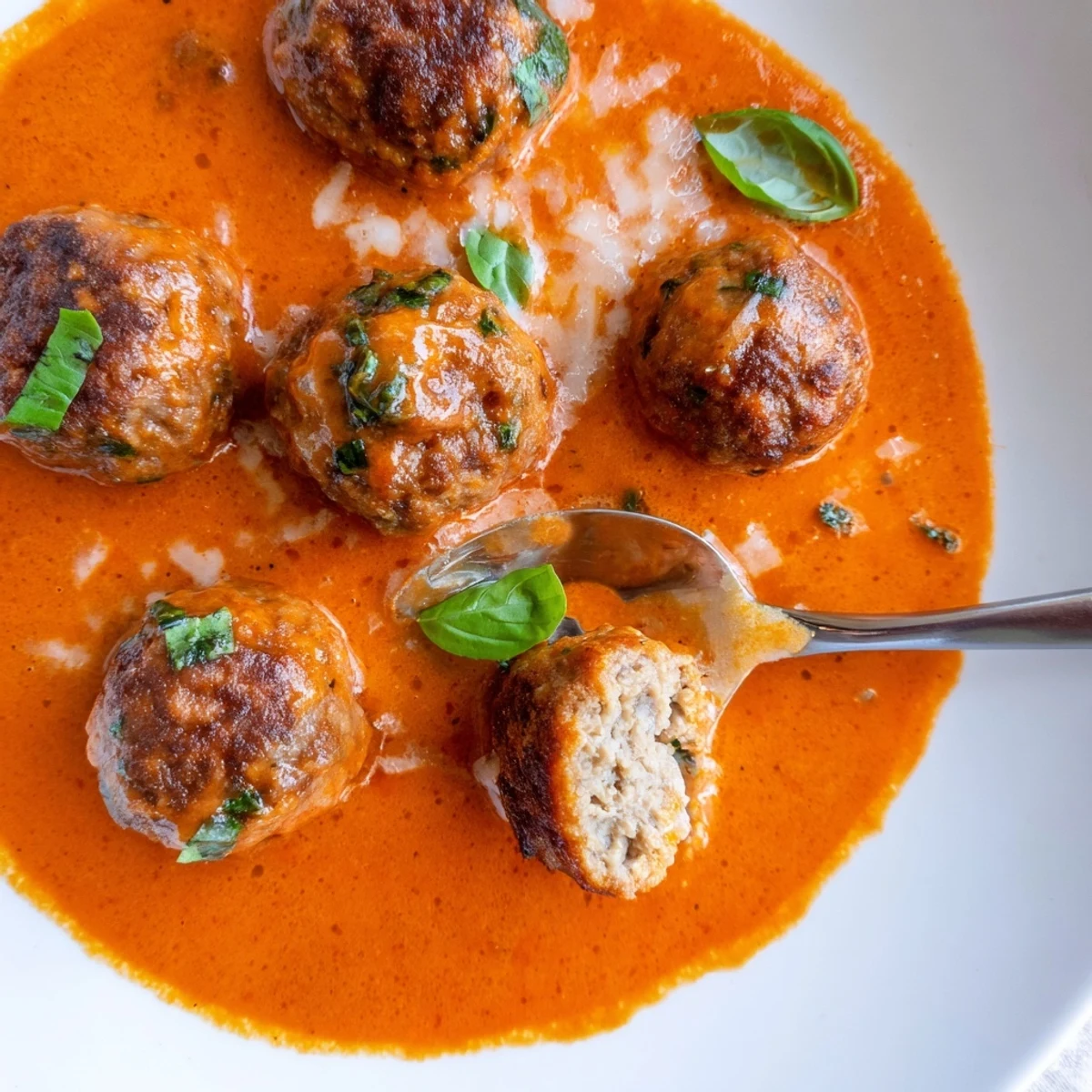 Tender creamy tomato basil meatballs nestled in rich sauce topped with fresh basil leaves