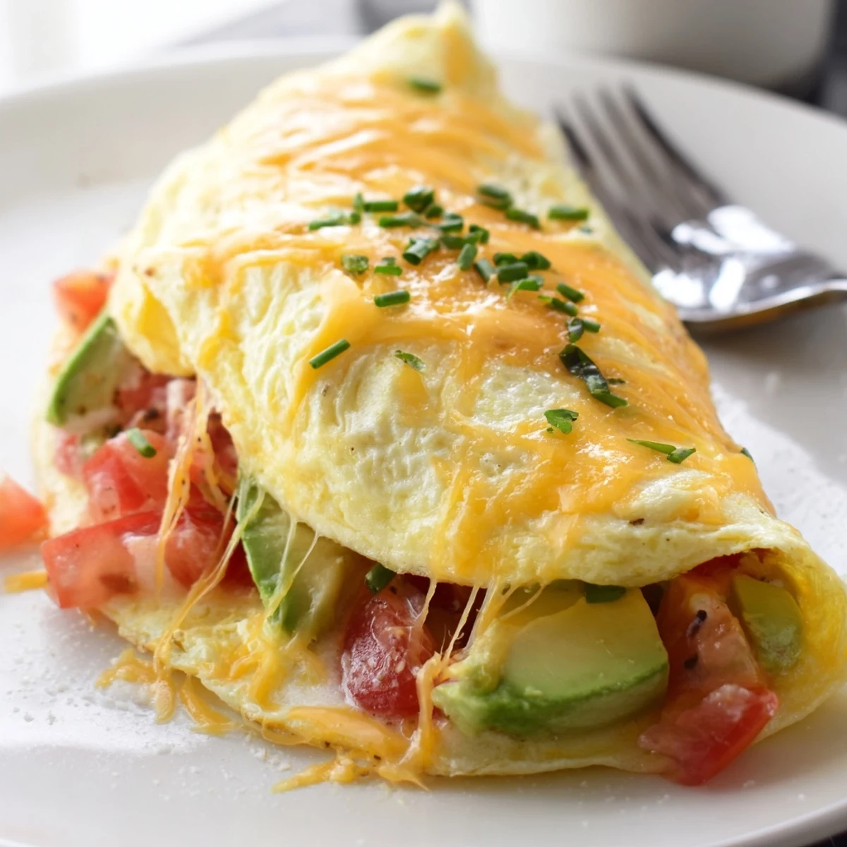Golden creamy avocado cheesy tomato omelette folded over melting cheddar and fresh diced tomatoes